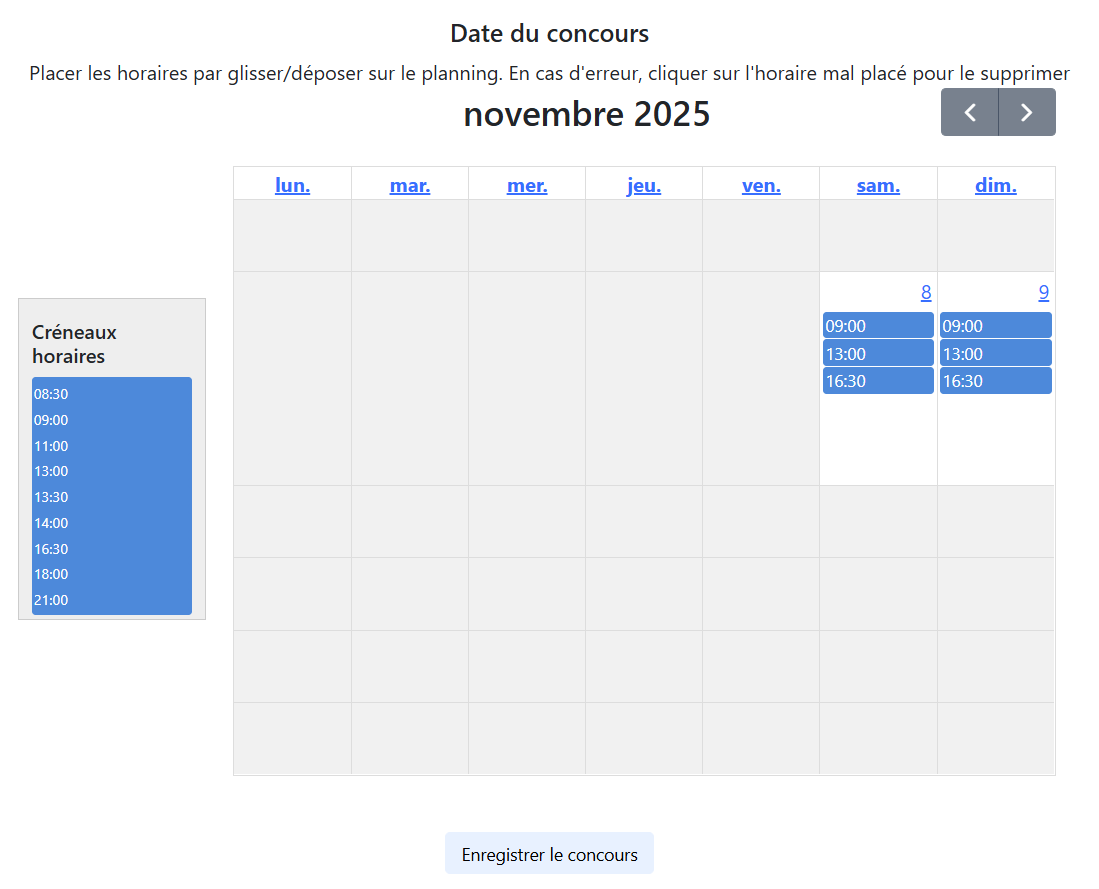 Calendrier interactif des créneaux