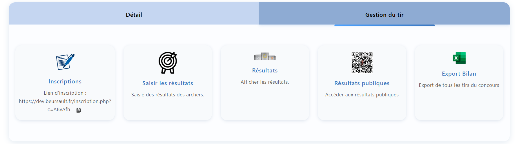 Onglet Gestion du tir — tuiles principales