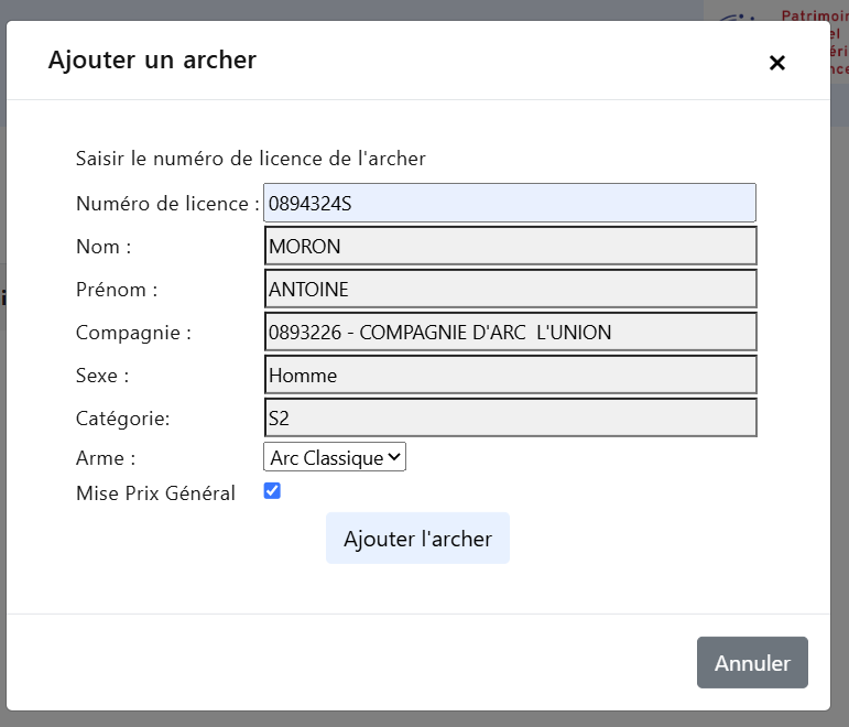 Fenêtre d'ajout manuel d'un archer